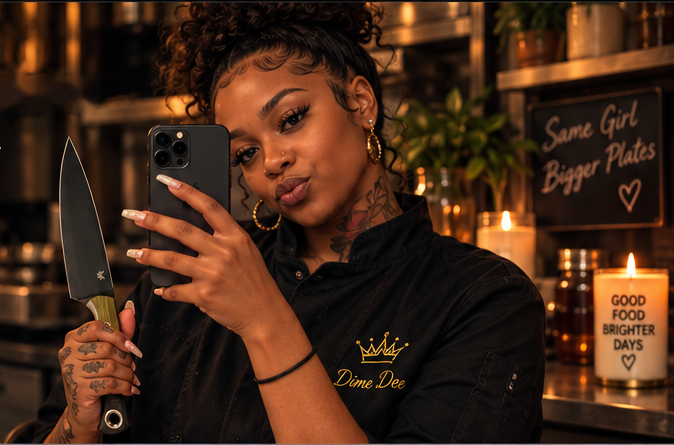 Dime Dee in chef uniform holding her chef knife in a warm candlelit kitchen